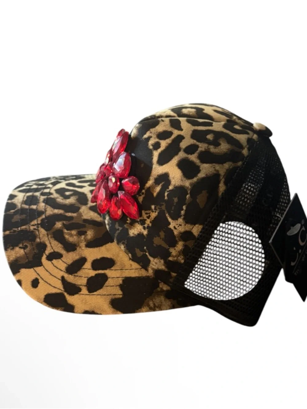 Leopard Print Mesh Trucker Cap with Red Gem Statement Flower